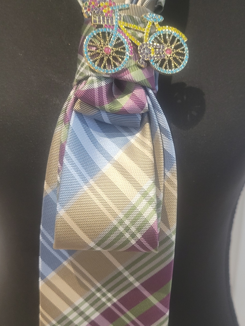 Multicolor Plaid Silk Tie with Bicycle Pin